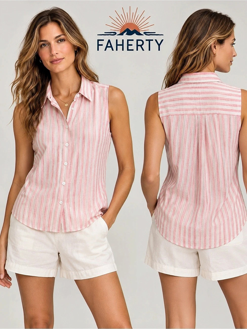 Faherty Malibu Sleeveless Linen Shirt Pink & White Size Small